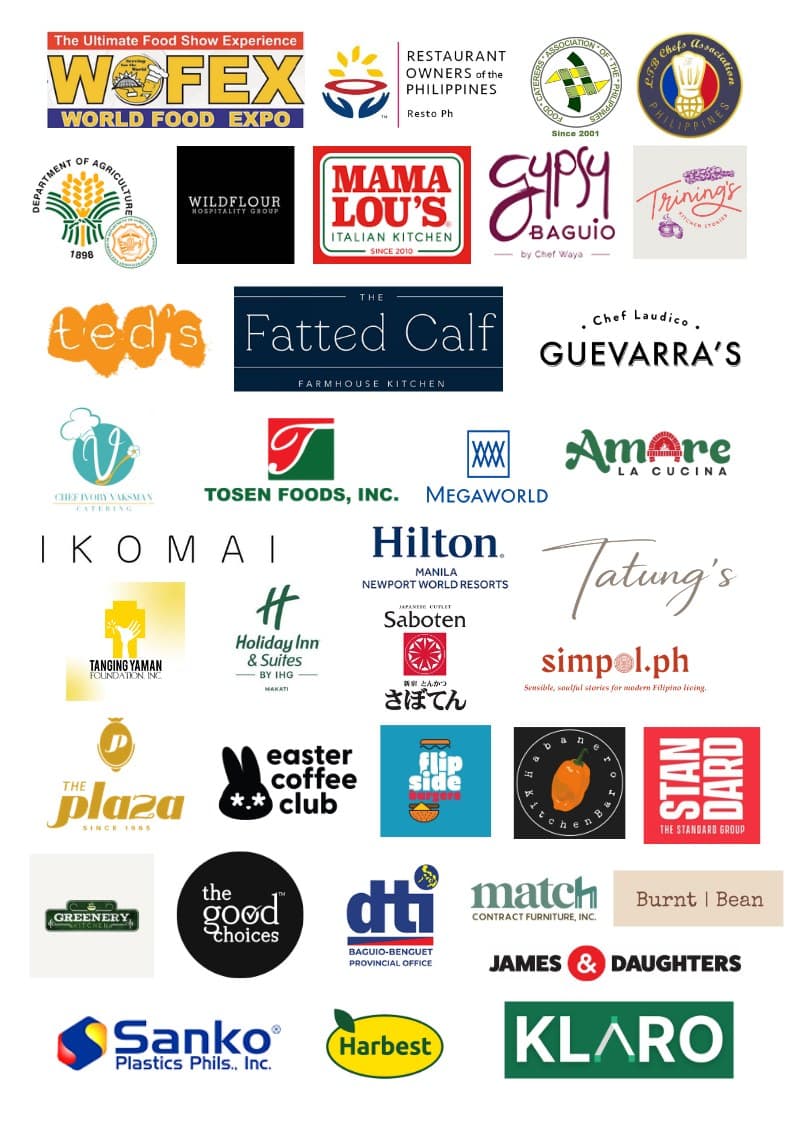Grid of FFI partner and client logos, including WOFEX, Restaurant Owners of the Philippines, Department of Agriculture, Wildflour, Mama Lou's, Gypsy Baguio, Ted's, The Fatted Calf, Guevarra's, Tosen Foods, Megaworld, Amore La Cucina, Ikomai, Hilton Manila Newport World Resorts, Holiday Inn & Suites Makati, Saboten, Tatung's, simpol.ph, The Plaza, Easter Coffee Club, The Good Choices, DTI, The Standard Group, Burnt Bean, James & Daughters, Sanko Plastics, Harvest, and KLARO